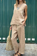 Trixiedress Casual Sleeveless Pullover Top Wide Leg Pants Cotton Linen Set