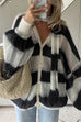 Trixiedress Lantern Sleeves Button Down Color Block Stripes Sweater with Scarf