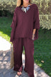 Trixiedress Cotton Linen 3/4 Sleeves Pullover Top Wide Leg Ruffle Hem Pants Set