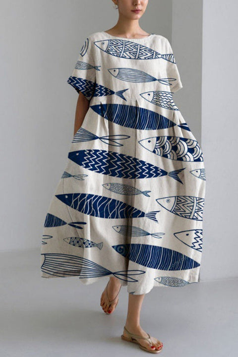 Trixiedress Printed Short Sleeves Pocketed A-line Midi Dress