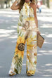 Trixiedress Criss Cross Halter Sleeveless Top Wide Leg Pants Printed Vacation Set