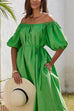 Trixiedress Off Shoulder Puff Sleeves Pocketed Baggy Midi Dress