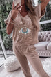 Trixiedress Sequin Pattern V Neck Short Sleeve Top with Pocketed Pants Casual Set