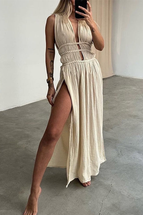 Trixiedress Deep V Neck Cut Out High Slit Cotton Linen Maxi Beach Dress