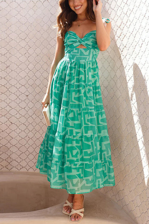 Trixiedress Tie Shoulder Twist Front Ruffle Tiered Printed Maxi Dress