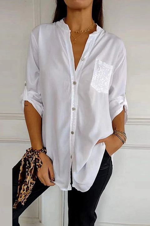 Trixiedress Rolled Up Sleeves Button Down Sequin Splice Blouse Shirt