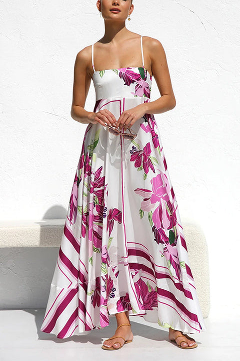Trixiedress Spaghetti Strap High Waist Floral Print Swing Maxi Vacation Dress