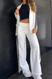 Trixiedress Color Block Open Front Blazer Elastic Waist Slit Wide Leg Pants Set