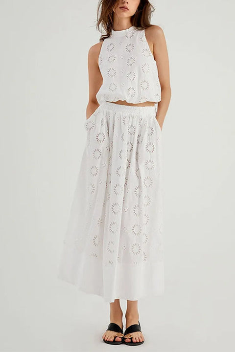 Trixiedress Elastic Waist Lace Hollow Out Pocketed Maxi Skirt