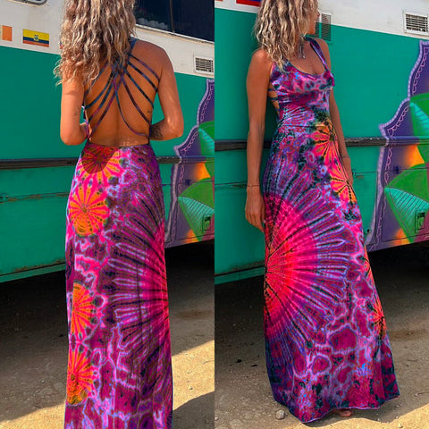 Trixiedress Criss Cross Strappy Backless Tie Dye Maxi Holiday Dress