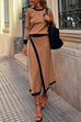Chicest O Neck Long Sleeves Patchwork Sweater+Wrap Skirt Set