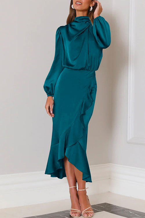 Trixiedress Mockneck Long Sleeves Waisted Ruffle Mermaid Satin Dress