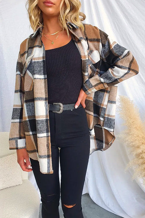 Trixiedress Lapel Button Down Pockets Plaid Shacket Coat