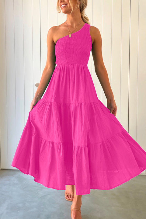 Trixiedress One Shoulder Sleeveless Smocked Ruffle Tiered Maxi Dress