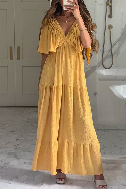 V Neck Flutter Sleeves Tiered Maxi Vacation Dress