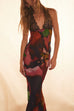 Trixiedress Backless V Neck Lace Splice Printed Maxi Bodycon Dress