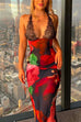 Trixiedress Backless V Neck Lace Splice Printed Maxi Bodycon Dress