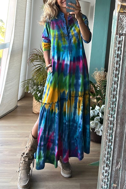 Long Sleeves Button Up Side Slit Tie Dye Ruffle Maxi Dress