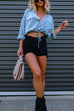 Trixiedress Long Sleeves Drawstring Hem Cropped Denim Shirt