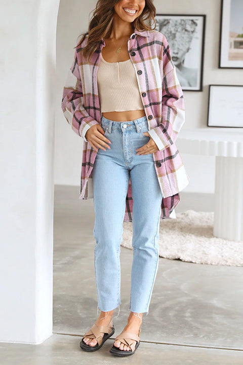 Trixiedress Curve Hem Color Block Plaid Shacket Jacket