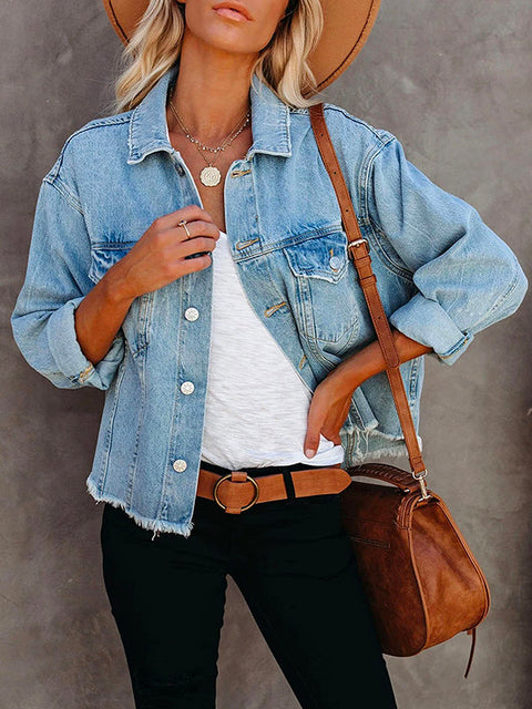 Trixiedress Raw Hem Button Down Short Denim Jacket