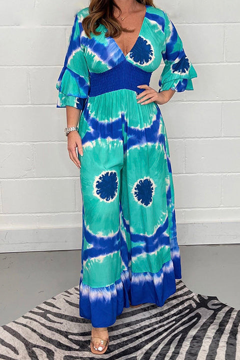 Trixiedress V Neck Bell Sleeves Smocked Waist Wide Leg Printed Jumpsuit