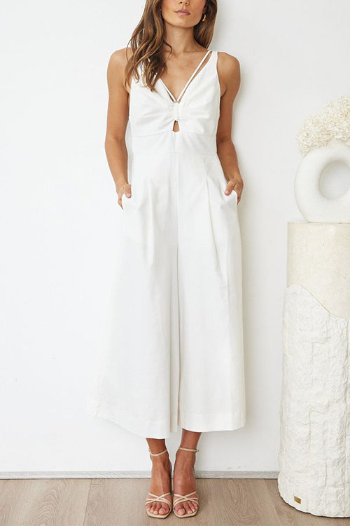 Trixiedress Ruched V Neck Cut Out Sleeveless Wide Leg Jumpsuit