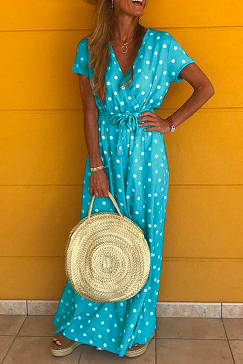 Trixiedress V Neck Short Sleeve Tie Waist Polka Dot Maxi Holiday Dress