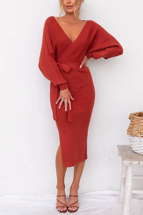 Trixiedress Wrap V Neck Side Split Tie Waist Midi Sweater Dress