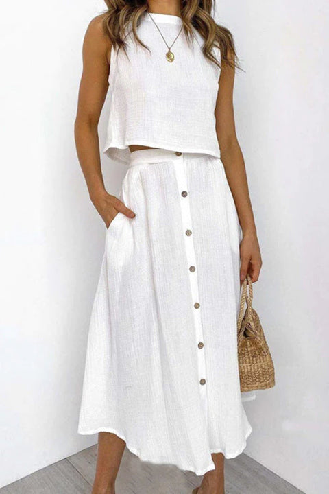 Trixiedress Sleeveless Crop Top and Button Down Skirt Cotton Linen Two Pieces