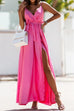 Trixiedress Wrap V Neck Tie Waist High Split Satin Cami Dress