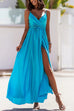 Trixiedress Wrap V Neck Tie Waist High Split Satin Cami Dress