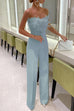 Trixiedress Off Shoulder Feather Splice Belted Jumpsuit