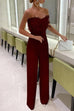 Trixiedress Off Shoulder Feather Splice Belted Jumpsuit