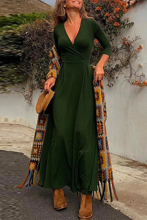 Trixiedress Wrap V Neck Long Sleeve Waisted Swing Maxi Dress