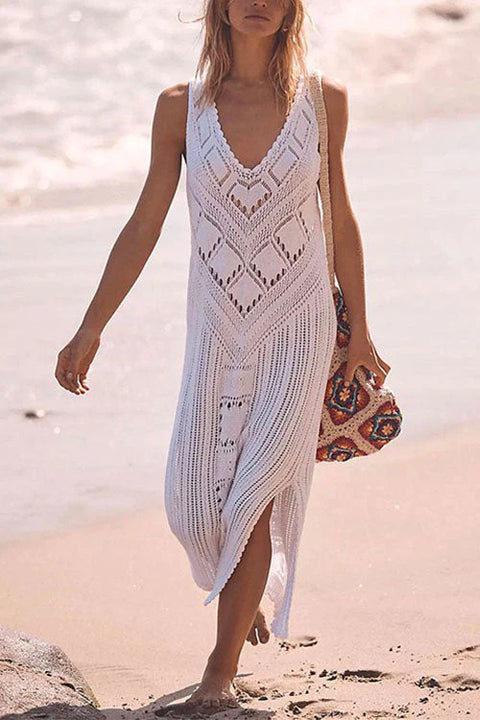 Trixiedress Sleeveless Crochet Hollow Out Side Slit Cover Up Dress