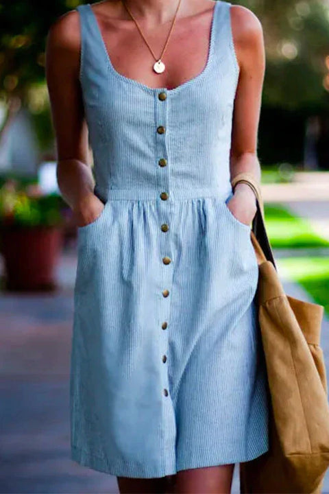 Trixiedress Buttons U Neck Sleeveless Striped Dress with Pockets