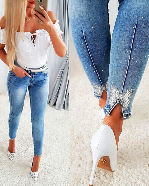 Trixiedress Beaded Butterfly Distressed Skinny Denim Pants