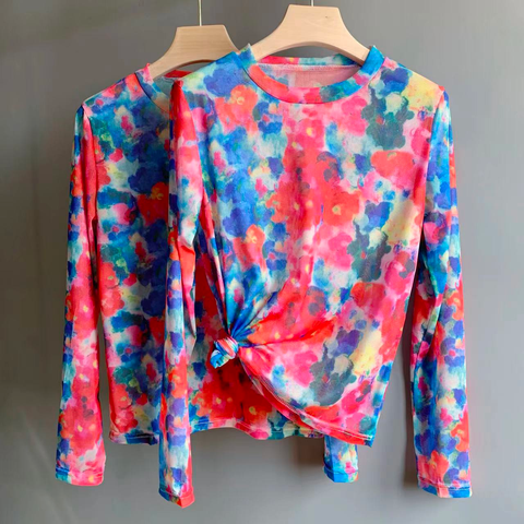 Trixiedress Crewneck Long Sleeves Stretchy Tie Dye Top