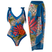 Trixiedress V Neck Bow Shoulder One-piece Swimwear and Wrap Cover Up Skirt Printed Set