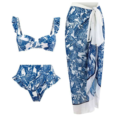 Trixiedress Ruffle Trim Two-Piece Swimwear and Wrap Cover Up Skirt Print Set