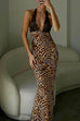 Trixiedress Backless V Neck Lace Splice Printed Maxi Bodycon Dress