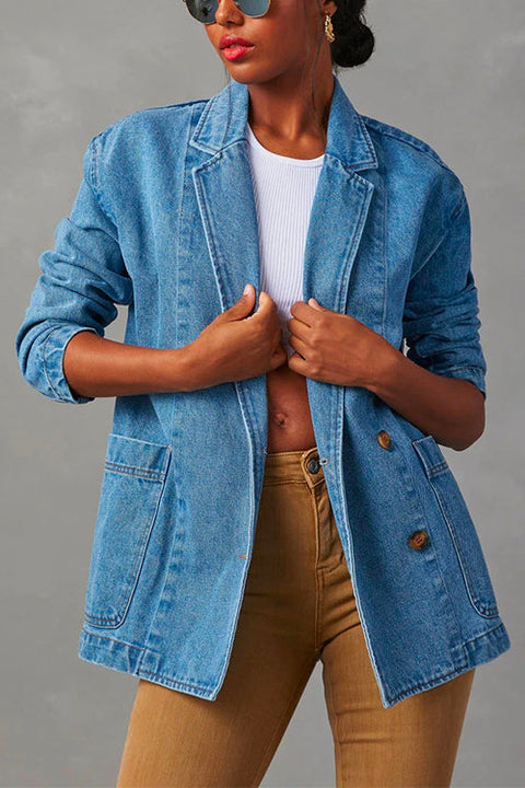 Trixiedress Notch Lapel Button Front Pocketed Denim Blazer