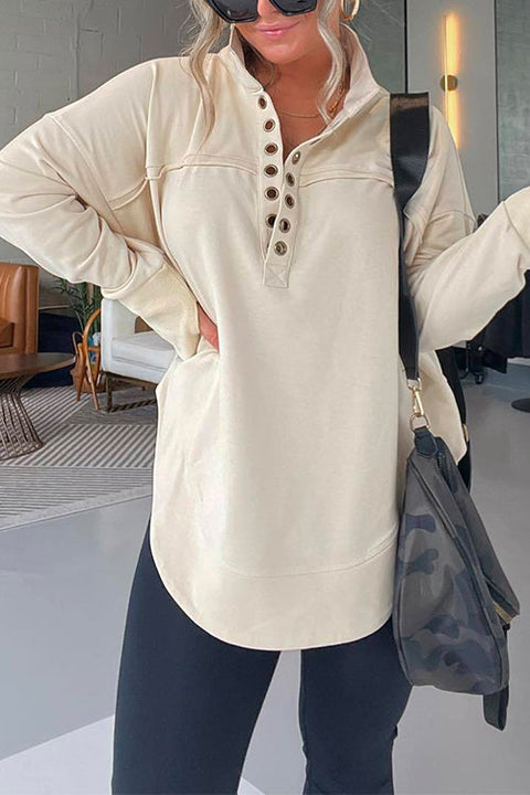 Trixiedress Stand Collar Button Up Curve Hem Sweatshirt with Thumb Hole