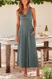 Trixiedress Ruched V Neck Cut Out Sleeveless Wide Leg Jumpsuit