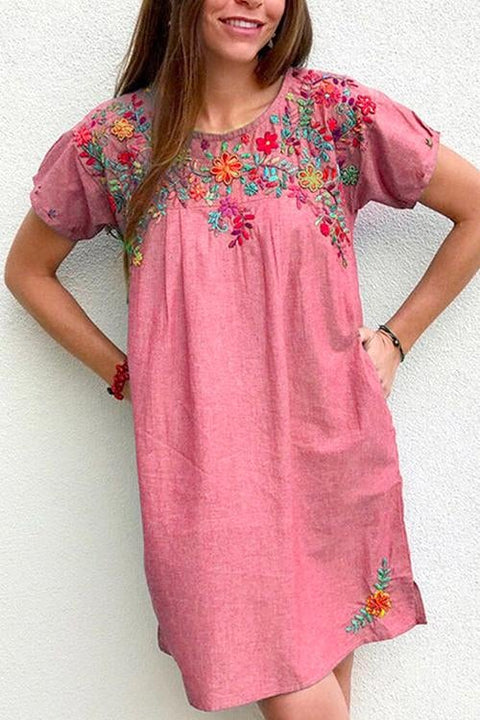 Trixiedress Flower Embroidery Short Sleeve Dress with Pockets