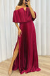 Trixiedress Off Shoulder Waisted High Slit Pleated Maxi Dress