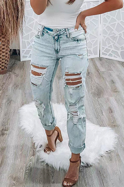 Trixiedress Distressed High Rise Ripped Boyfriend Denim Pants