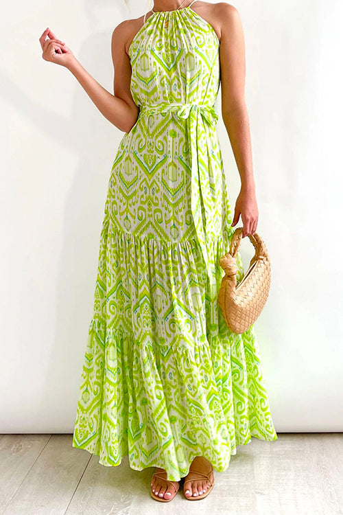 Trixiedress Halter Tie Waist Ruffle Tiered Maxi Printed Holiday Dress