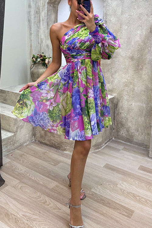 Trixiedress Ruched One Shoulder Waisted Floral Print Flowy Dress